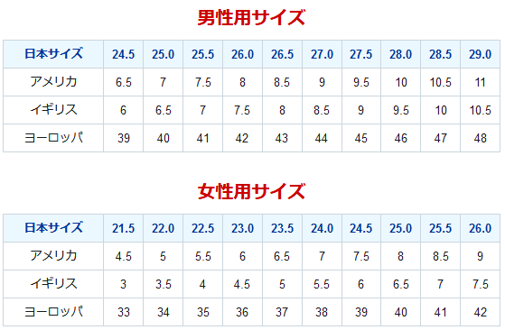 海外のコスプレ靴サイズ早見表